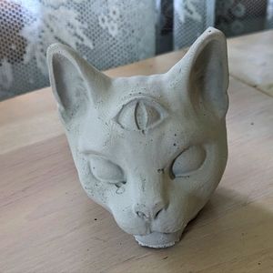 Handmade Cement Cat Head with Third Eye